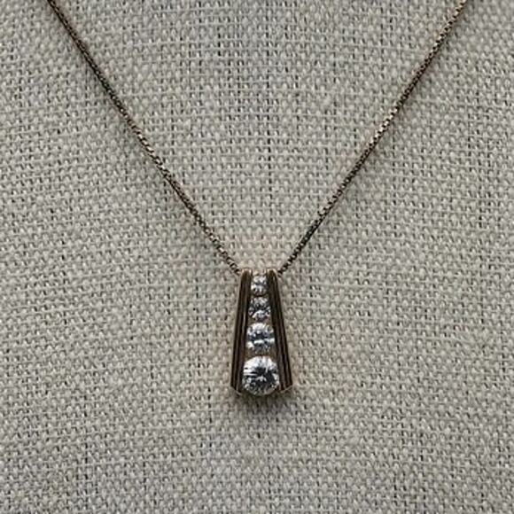 Gold Vermeil Sterling Silver 925 CZ Graduated Bar Drop Pendant Necklace - Picture 2 of 7